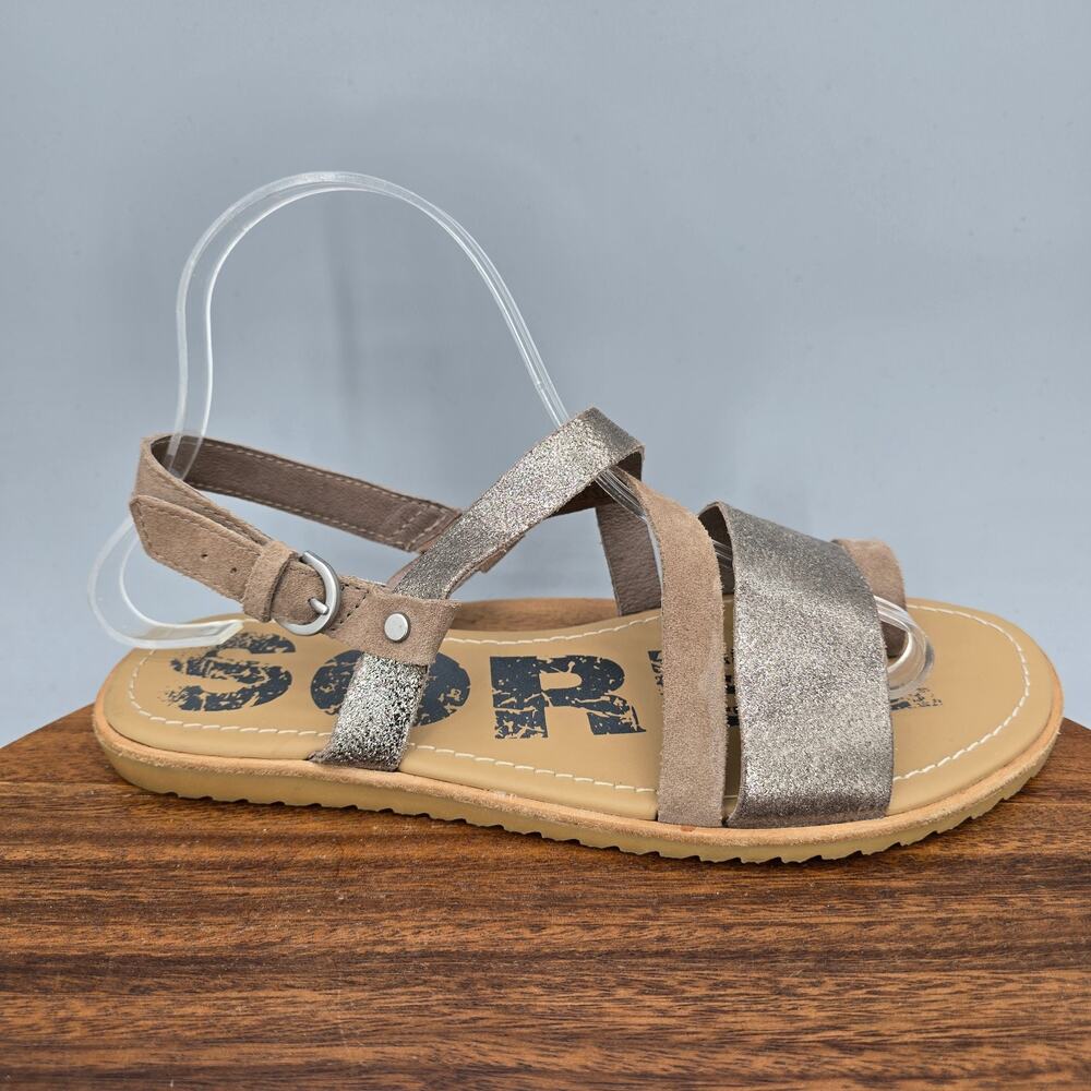 Sorel Ella Sandals Womens 8 M Metallic Leather Ankle Strap Flat Open Toe Loop